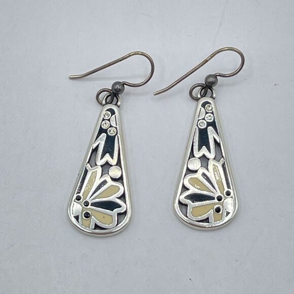 Brighton Silver Tone Drop Earrings With Floral Motif & Rhinestones - Picture 1 of 6